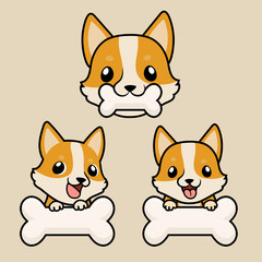 Close up head shot , set of Cute cartoon character design Pembroke Welsh Corgi dog ,bit white bone.