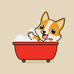 Cute cartoon character design Pembroke Welsh Corgi dog in tub take a bath in bathtub with  soap bubbles