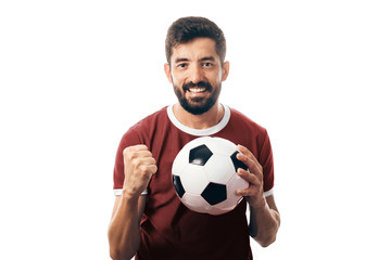 Fan or sport player on gray uniform celebrating on white background