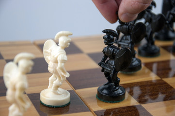 Chess pieces on the board.