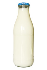 Flasche Milch mit blauem Deckel isoliert auf weißem Hintergrund - Ungeöffnet, voll
