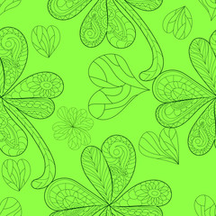 Clover, shamrock on St. Patrick's Day green seamless pattern. Hand drawn background. Vintage elements texture print, fabric, paper. Textile, book cover, web, magazine tribal motif. Irish, Asian,Arabic