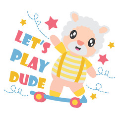 Cute sheep boy plays skateboard with his ball vector cartoon illustration for Kid t-shirt background design, postcard, and wallpaper