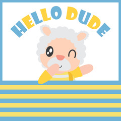 Cute sheep boy says hello dude with his ball vector cartoon illustration for Kid t-shirt background design, postcard, and wallpaper