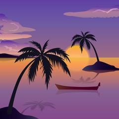 Tropical sea landscape, black silhouettes islands with palm trees , clouds, sky with clouds, sun, wooden boat
