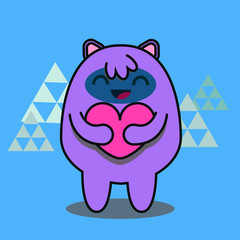Hand drawn vector illustration of a cute funny cartoon yeti monster, holding a heart