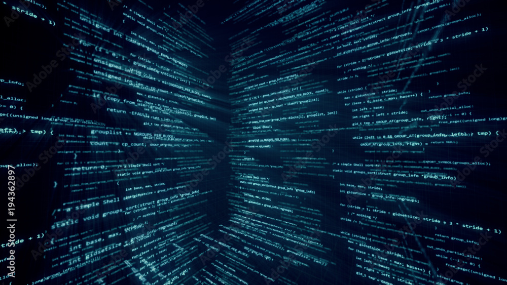 Poster virtual space with running code in the form of cubes 3d illustration