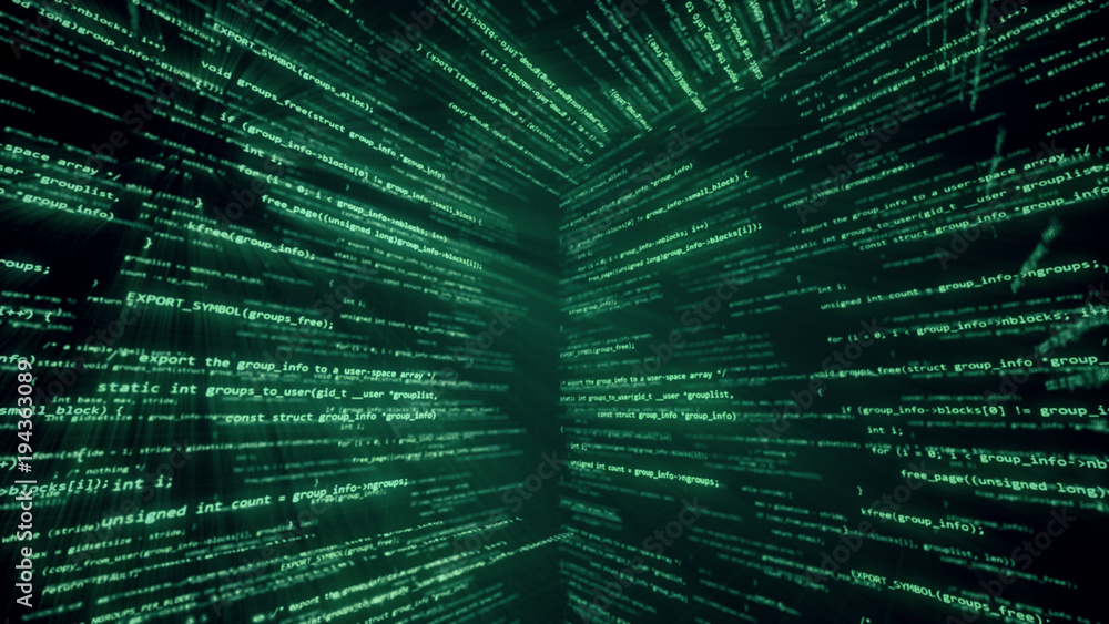 Poster virtual space with running code in the form of cubes 3d illustration