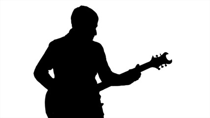 Black silhouette of a man playing the guitar on a white background