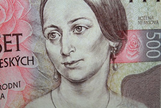 Detail of czech crowns five hundred banknote with Bozena Nemcova, famous czech writer portrait.