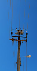 power line with electrical pole in the clear sky