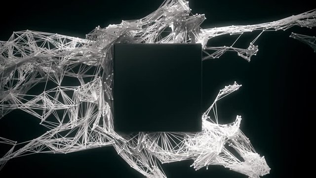 Futuristic particle mesh envelops a blank placeholder for a square logo.