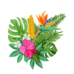 Tropical bouquet with exotic flowers hibiscus, plumeria, strelitzia and palm, monstera leaves. Vector isolated illustration. Summer or spring design elements for fashion prints and greeting cards.