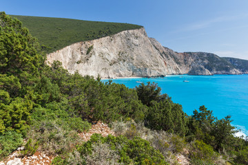 Amazing seascape of blue waters of Porto Katsiki Beach, Lefkada, Ionian Islands, Greece