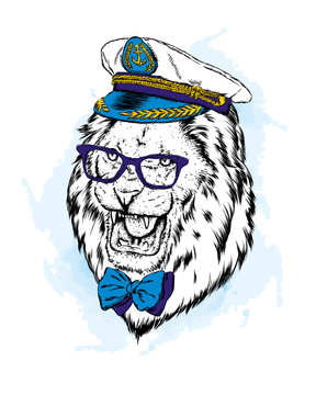 Lion in the captain's cap. Vector illustration.
