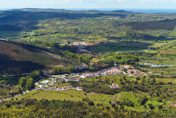 Aerial view on a Portuguese village hills and fields