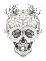 Art Surreal Skull. Hand pencil drawing on paper.