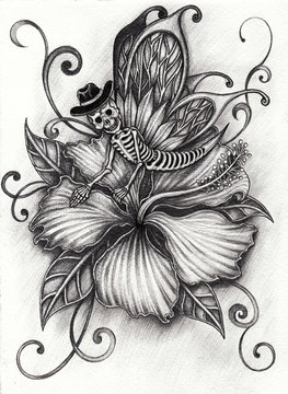 Art Fantasy butterfly Skull on Flower. Hand pencil drawing on paper.