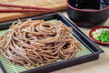 Soba noodles on plate, Japanese food.