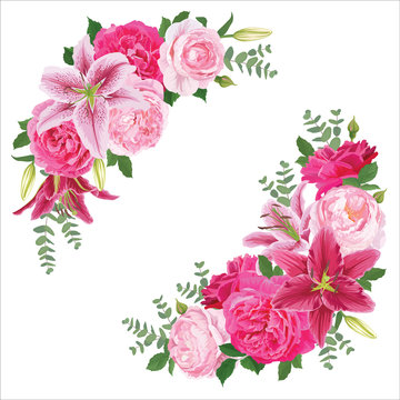 Floral frame with pink rose flowers and lily on white background. Vector set of blooming floral for wedding invitations and greeting card design.