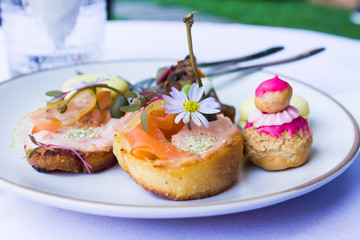 Dessert canape and food decoration in party event, salmon sushi