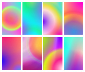 Fluid iridescent multicolored backgrounds. Vector illustration of fluids. Background set with holographic neon effect. Phone screen saver set.