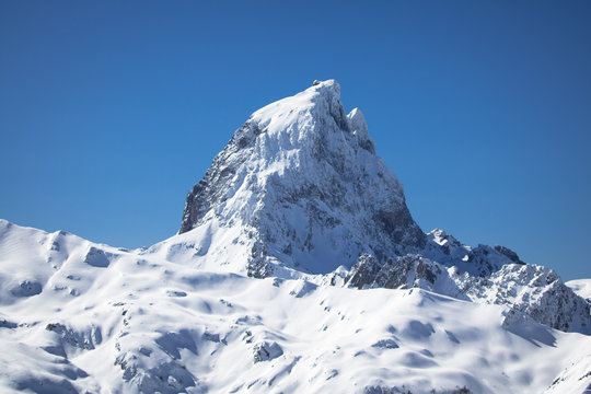 close up of beautiful mountain top pic du midi in pyrenees mountain range, france