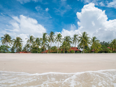 Beautiful White Sand Beach with Resort and Coconut Tree, Langkawi, Malaysia