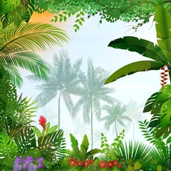 Naklejki  Tropikalny krajobraz z palmami i liśćmi