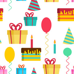 Birthday pattern. Template of anniversary background. Holiday accessories. Balloon and cake. Gift box.