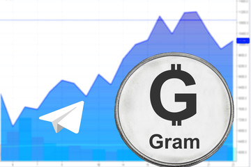 Silver coin gram from telegram on the background a financial chart. Cryptocurrency ton.