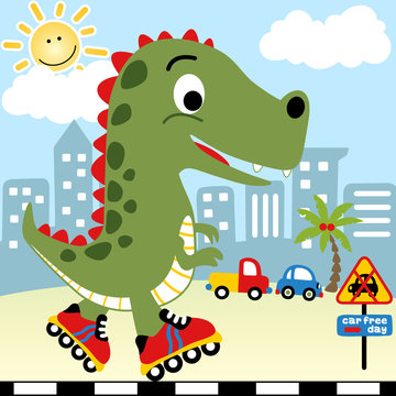 Playing roller skate in city with big monster cartoon