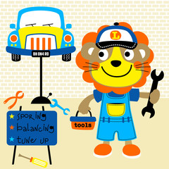 Lion the funny mechanic cartoon