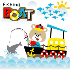 Fototapeta premium Little fisher cartoon on fishing boat