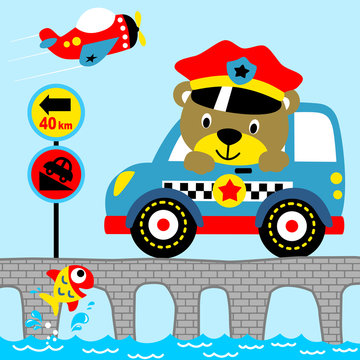 funny traffic cop with patrol car on bridge