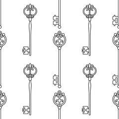 Vintage keys. Black and white seamless pattern for coloring books, pages. Vector