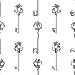 Vintage keys. Black and white seamless pattern for coloring books, pages. Vector