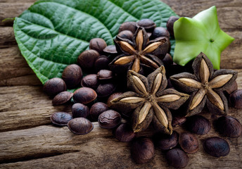 dried capsule seeds fruit of sacha-Inchi peanut on wooden