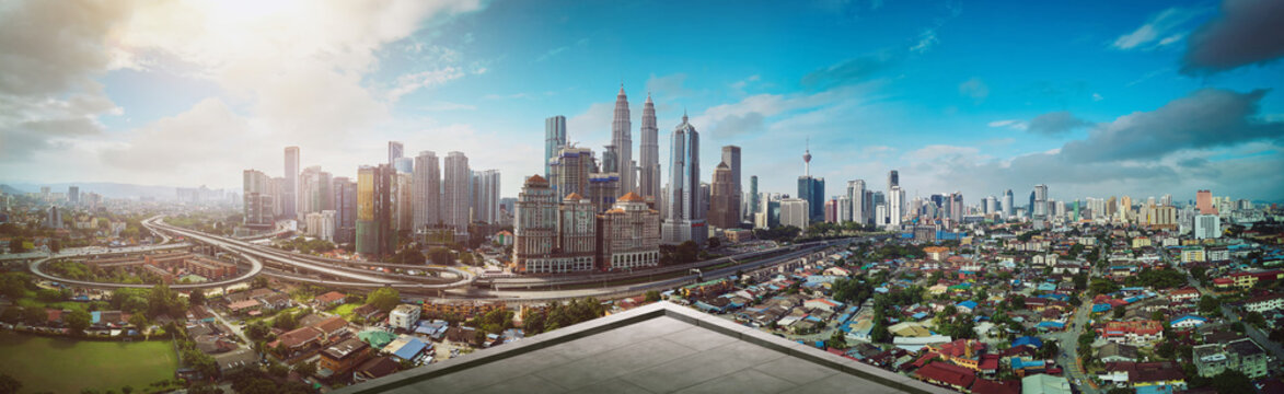 Open space balcony with Kuala Lumpur cityscape skyline view  .