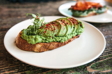 Sandwich with avocado on a plate. Delicious and healthy diet food.