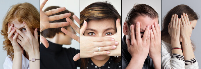 Set of people that are hiding their face with fingers. Concept of being shy and disappointed