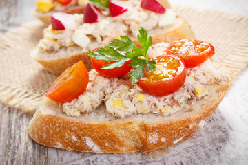 Crusty sandwiches with mackerel or tuna fish paste, healthy nutrition