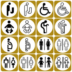 modern style of golden toilet sign with baby, men, women, pregnant women, aged, handicapped in art style design, vector set