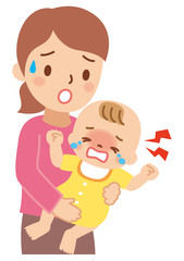 泣く赤ちゃんとお母さん