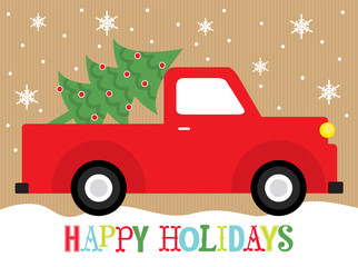 red truck carrying christmas tree greeting card
