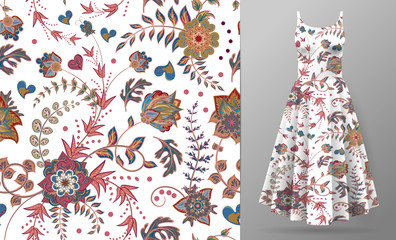 Vector seamless pattern of hand draw fantasy flowers on women's dress mockup. Hand-drawn ornate pattern with an example of application. - 194378453