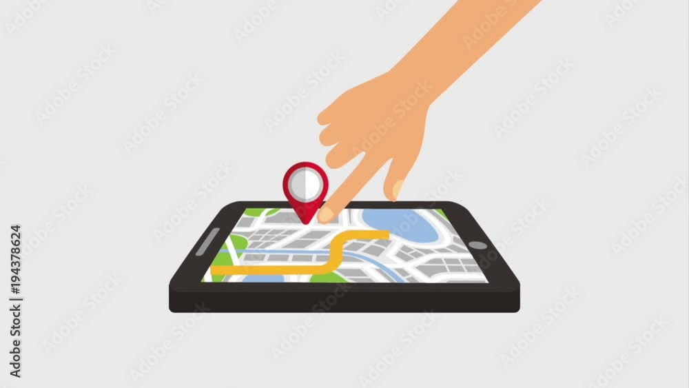 Poster gps navigation map route pin hand touch screen animation