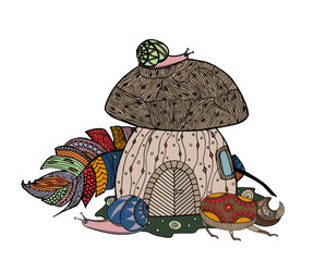 Fairytale mushroom and feather birds. Beetle and snail. Zen coloring book for adults. Tangle pattern. Vector illustration.