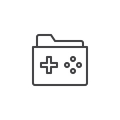 Obraz premium Game folder outline icon. linear style sign for mobile concept and web design. Folder with a game pad simple line vector icon. Symbol, logo illustration. 