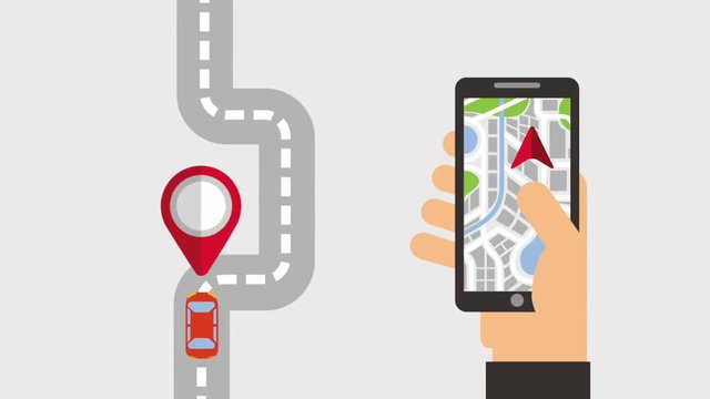 hand holding mobile with gps navigation ride traffic animation